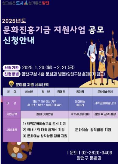 양천구, "예술인 꿈에 날개를"…문화진흥기금 개인별 최대 500만원 지원