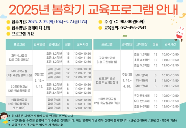 인천어린이과학관, '봄학기 교육프로그램' 선착순 접수 시작