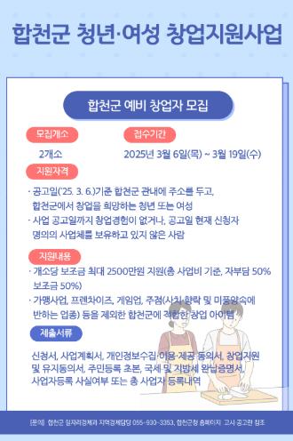 합천군 청년·여성 창업지원사업 지원자 모집
