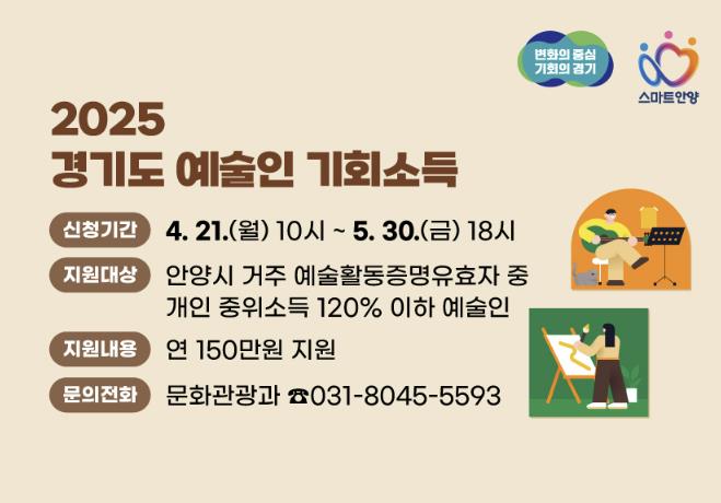 안양시, 다음달 30일까지 '경기도 예술인 기회소득' 접수