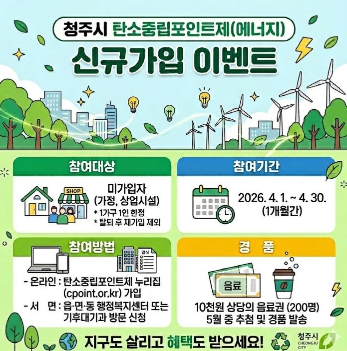 청주시, 4월 '탄소중립포인트제' 가입 이벤트 추진