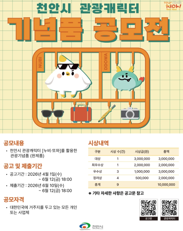 “천안의 매력 담는다” 누비·또와 관광기념품 공모전