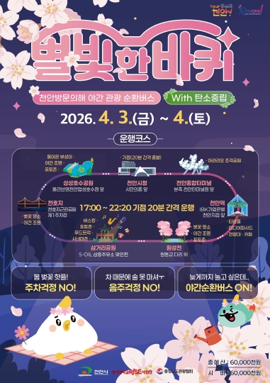 천안시, 벚꽃 야경 즐기는 순환버스 ‘별빛 한 바퀴’ 운행