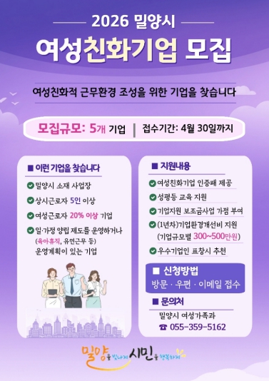밀양시, 2026년 밀양형 여성친화기업 모집