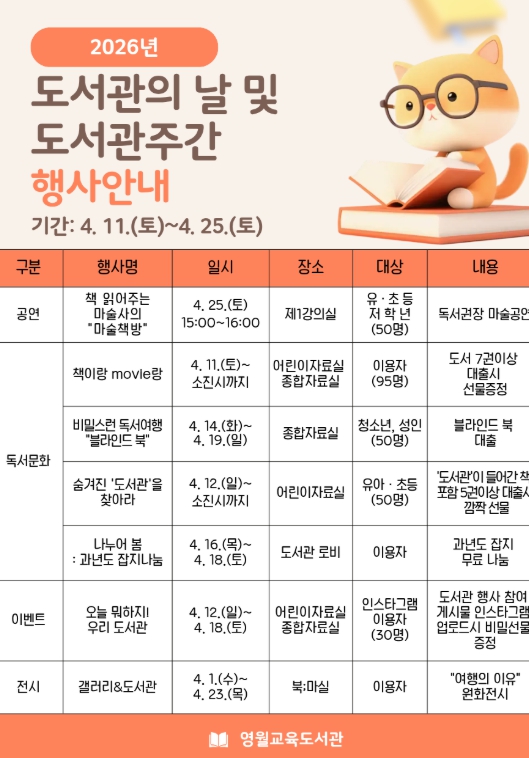영월교육도서관, 2026년 도서관의 날 및 도서관 주간 행사 운영