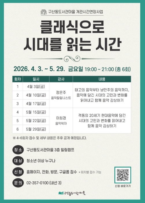 은평구 구산동도서관마을, '클래식으로 시대를 읽는 시간' 시민교양강좌 운영
