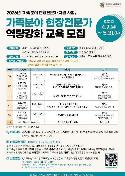 경기도여성가족재단, 가족분야 전문상담사 역량강화교육 참여자 모집