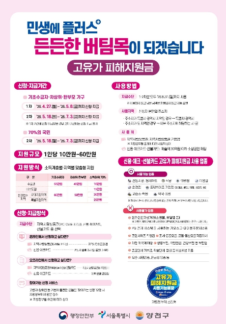 양천구, '고유가 피해지원금' 27일부터 접수 시작…최대 55만 원 지급