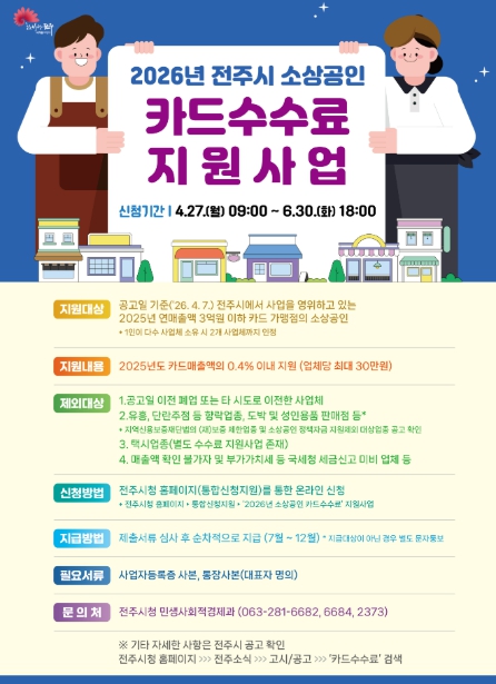 전주시, 소상공인 카드수수료 지원사업 접수 개시
