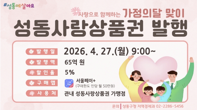 성동구, 5월 가정의 달 맞아 '성동사랑상품권' 65억 원 발행