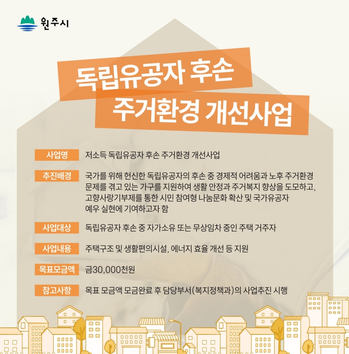 원주시, 신규 지정기부사업 ‘독립유공자 후손 주거환경 개선’ 추진