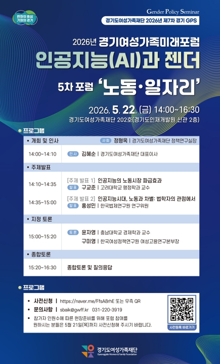 경기도여성가족재단, 22일 '인공지능(AI)과 노동·일자리' 포럼 개최