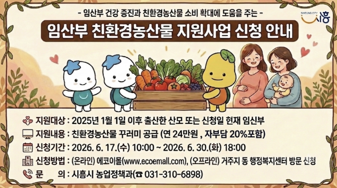 시흥시, 임산부 친환경농산물 지원사업 신청 접수…1,350명에 최대 24만 원 지원