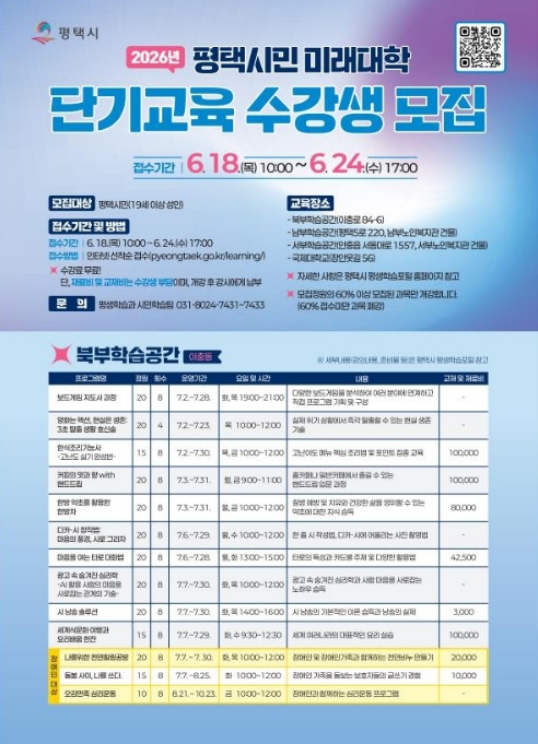 평택시, 2026년 '평택시민 미래대학' 단기 교육 수강생 모집