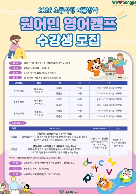 여름방학에 영어 회화 자신감 UP! 송파구, 만족도 90% '원어민 영어캠프' 선착순 모집  