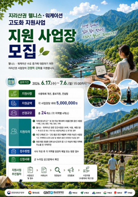 경남도, ‘지리산권 웰니스·워케이션 상품 고도화지원’ 사업장 최대 500만 원 지원